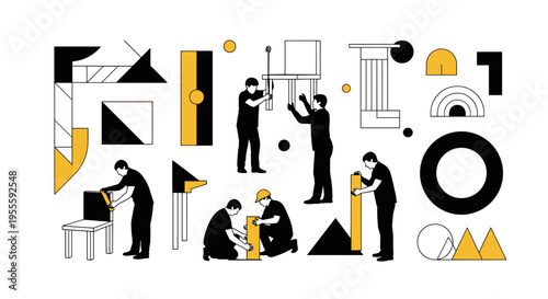 Abstract illustration of people assembling furniture with geometric shapes and tools