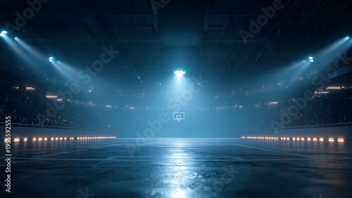 A futuristic basketball arena interior with glowing lights and a sleek court