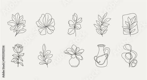 Minimalist line art collection of botanical elements and a vase on a neutral background