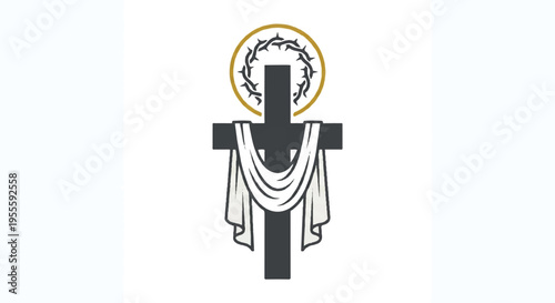 Minimalist Good Friday Vector Illustration with Holy Cross and Crown of Thorns on White Background