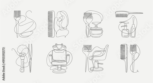 Minimalist line art collection of essential hairdressing tools and salon equipment