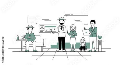 Diverse group of people in a modern airport lounge, some holding tickets and devices