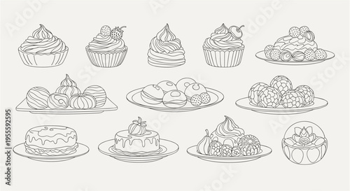 Set of dessert line icons including cupcake cake ice cream and pastry. Vector outline icon collection isolated on white background. Food concept. Design for poster, banner, sticker, print, wallpaper