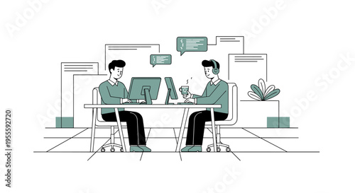 Two programmers collaborating at desks with computers and code snippets in speech bubbles