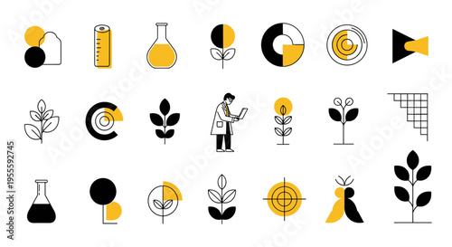 Collection of modern flat icons representing science, nature, and technology concepts