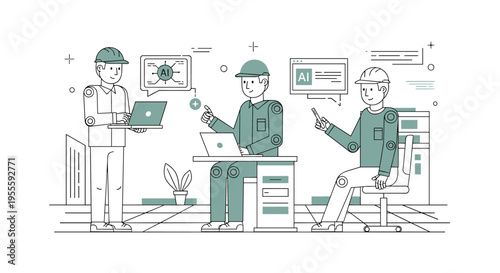 Engineers collaborate on artificial intelligence development in a modern office setting