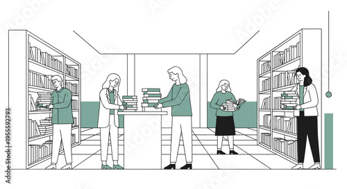 Diverse people organizing and reading books in a modern library setting