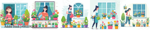 vector of woman taking care of flowers on window in spring