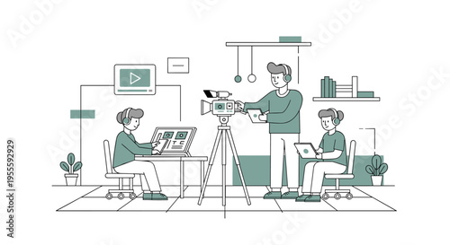 Video production team collaborating on content creation with cameras and computers