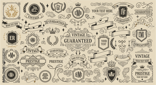 Collection of vintage emblems, badges, banners, and decorative elements on beige background