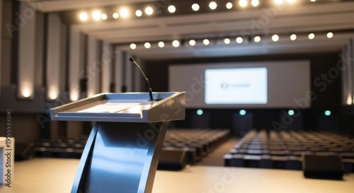 A microphone stand in a conference room with a blank screen and rows of chairs.