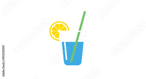 Refreshing summer drink illustration featuring a lemon slice and straw in a glass on white