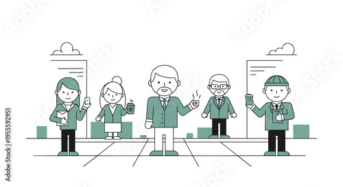 Diverse group of professionals enjoying coffee breaks in a modern city setting