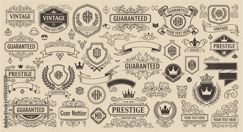 Vintage decorative elements set with badges frames ribbons crowns shields and labels with typography. Vector engraving style illustration isolated on beige background. Retro branding concept. Design