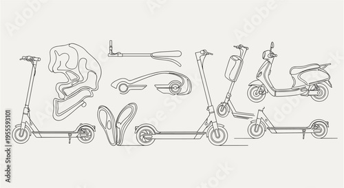 Collection of electric scooters and abstract shapes in a minimalist line art style