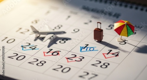 A calendar with a toy airplane, suitcase, and umbrella on it.