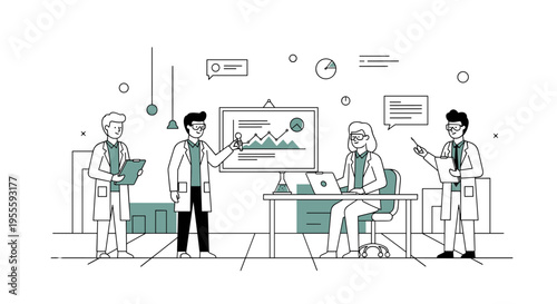 Scientists collaborating in a modern laboratory, presenting research data on a screen