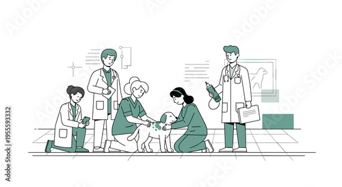 Veterinarians and staff caring for a dog in a clinic setting