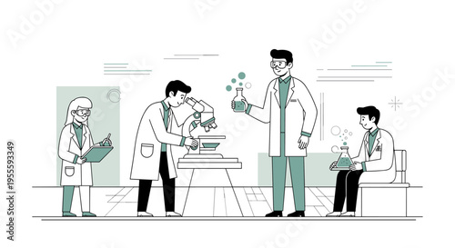 Scientists in a laboratory conducting research with microscopes and chemical experiments