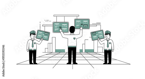 Team of analysts interacting with data dashboards and charts in a modern office setting