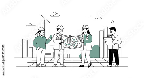 Diverse team of architects and engineers collaborating on a city development plan