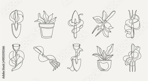 Minimalist line art collection of gardening tools and potted plants for a clean aesthetic