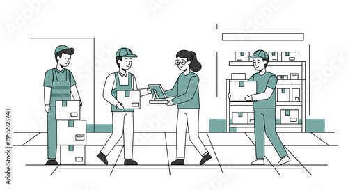 Warehouse workers and manager coordinating package delivery and inventory management with technology