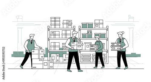 Warehouse workers organizing boxes on shelves, logistics and inventory management concept