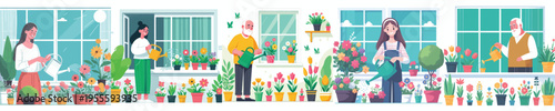 vector of person taking care of flowers on window in spring