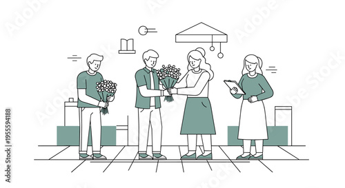 People exchanging flowers and a woman holding a clipboard, minimalist line art illustration