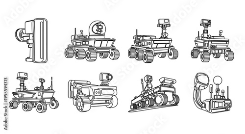 Collection of line art illustrations of various space exploration rovers and robotic vehicles