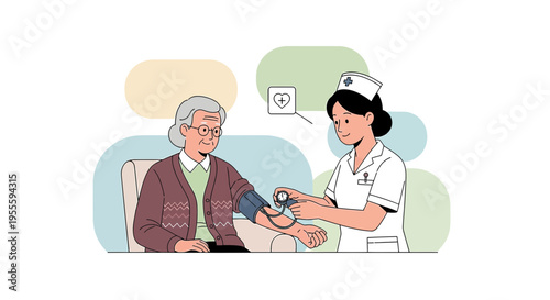 Nurse checking elderly woman's blood pressure, healthcare concept
