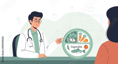 Doctor advises healthy eating with balanced diet plate showing vegetables, fish, and tomato