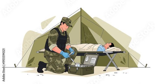 Military medic provides first aid to wounded soldier in field tent