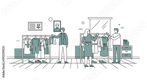 People shopping for clothes in a modern boutique with clothing racks and a mirror