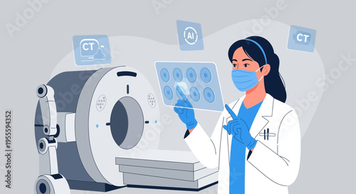Doctor analyzing CT scan results with AI technology and futuristic interface