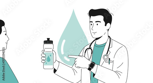 Doctor advises patient on hydration, holding water bottle and pointing to water drop icon.