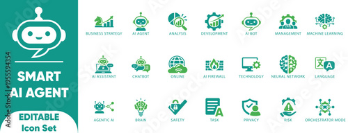 Smart AI agent icon set. brain, editable, future, learning, support, talk, ai, bot, and solid icons.