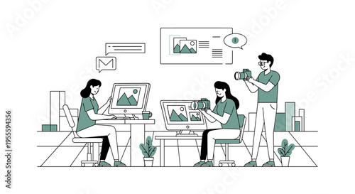 Creative team collaborating on digital content creation with cameras and computers