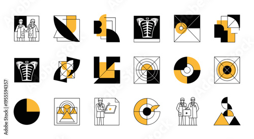 Modern abstract medical icons and symbols in black and yellow geometric style
