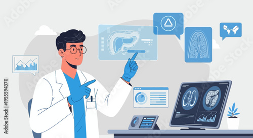Doctor analyzing futuristic medical scan on holographic display, advanced healthcare technology