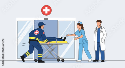 Emergency medical team rushing patient on gurney into hospital entrance with red cross symbol