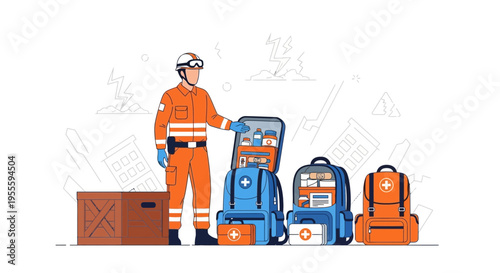 Emergency rescue worker with medical kits and supplies for disaster relief