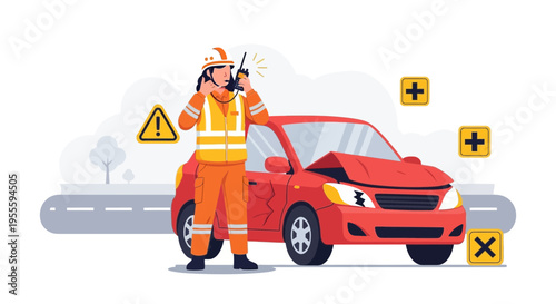 Emergency responder in safety vest talking on radio near damaged car on road
