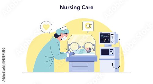 Neonatal Intensive Care: Nurse Cares for Newborn in Incubator with Medical Equipment