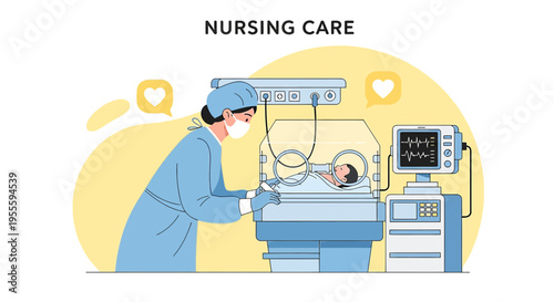 Neonatal Intensive Care: Nurse Cares for Newborn in Incubator with Medical Equipment