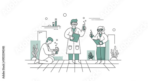 Scientists in a laboratory conducting experiments with test tubes and beakers, modern illustration