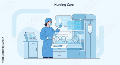 Neonatal Intensive Care: Nurse Monitors Premature Baby in Incubator with Medical Equipment