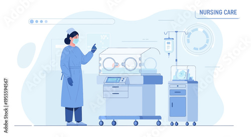 Neonatal Intensive Care: Nurse Monitors Premature Baby in Incubator with Digital Display
