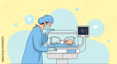 Neonatal Intensive Care Unit Nurse Cares for Newborn Baby in Incubator